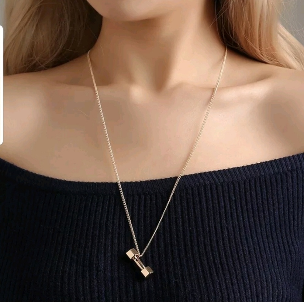 Large Rose Gold dumbell fitness barbell necklace